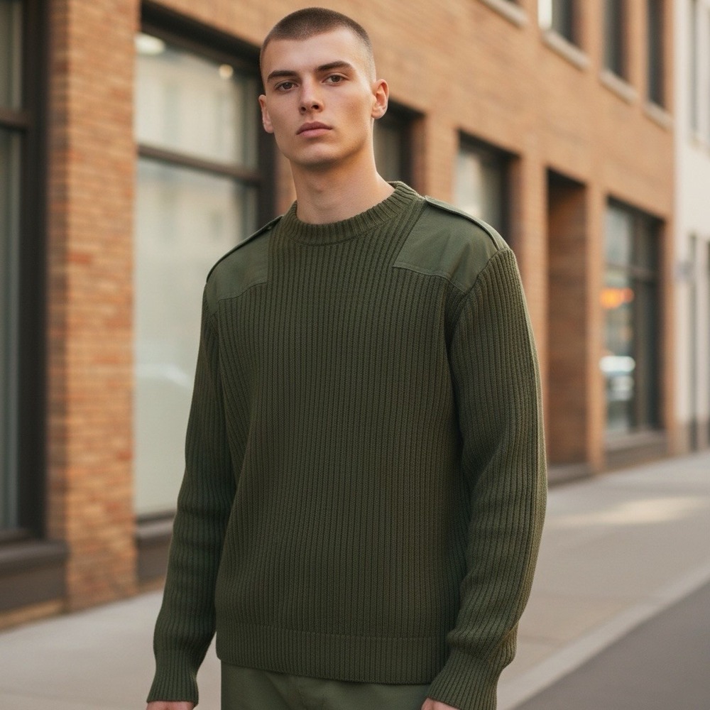 Defense‎ Logistics Sweater Size 40 Olive Green 100% Wool Elbow Patch Military